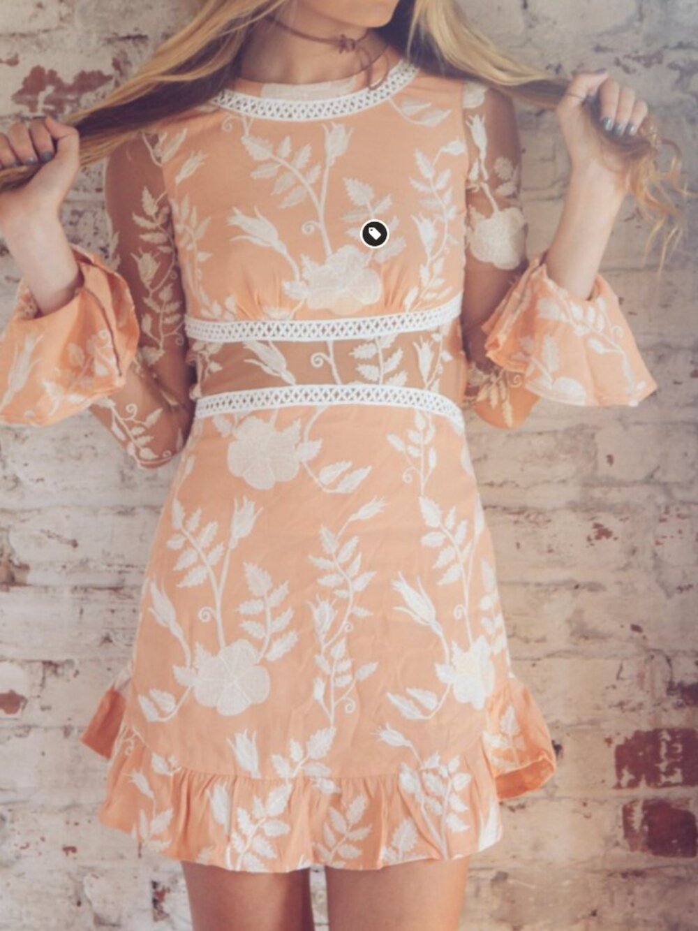 For Love & Lemons Mia Dress Peach Embroidered Bell Sleeve Mini NWT Medium - Picture 10 of 16